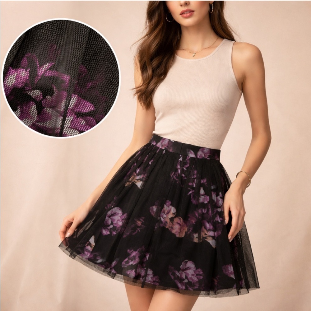 ANTONIO MELANI Black Mesh Floral A-Line Skirt Size 12